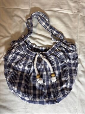 American Eagle Outfitters Navy and White Plaid Drawstring Shoulder Bag